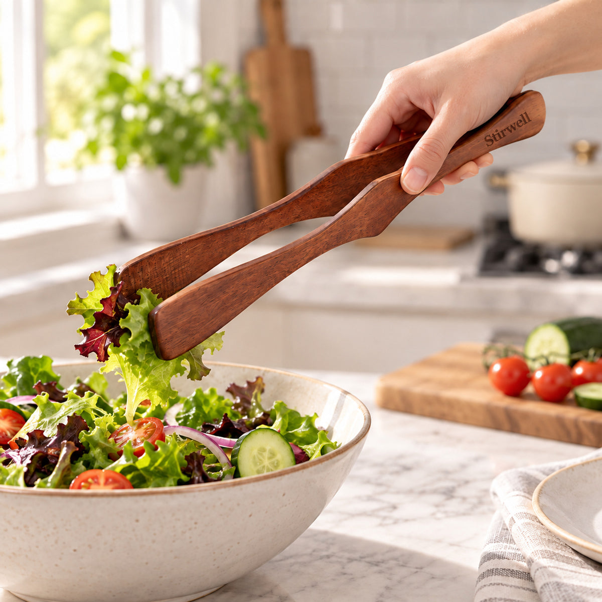 One-Piece Wood Tongs in an everyday kitchen