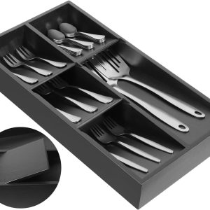 Bamboo Silverware Drawer Organizer, Removable Dividers Kitchen Utensil Drawer Organizer for Different Dimension Flatware, Spoons, Forks, Knives (Black, 5 Slots)