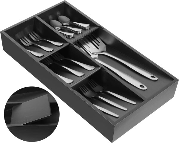 Bamboo Silverware Drawer Organizer, Removable Dividers Kitchen Utensil Drawer Organizer for Different Dimension Flatware, Spoons, Forks, Knives (Black, 5 Slots)