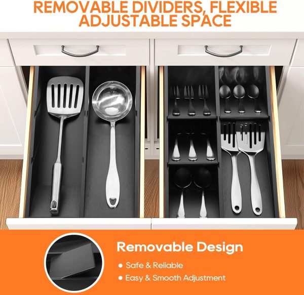 Bamboo Silverware Drawer Organizer, Removable Dividers Kitchen Utensil Drawer Organizer for Different Dimension Flatware, Spoons, Forks, Knives (Black, 5 Slots) - Image 2