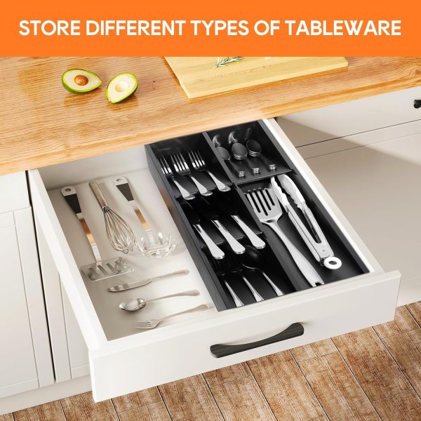 Bamboo Silverware Drawer Organizer, Removable Dividers Kitchen Utensil Drawer Organizer for Different Dimension Flatware, Spoons, Forks, Knives (Black, 5 Slots) - Image 5