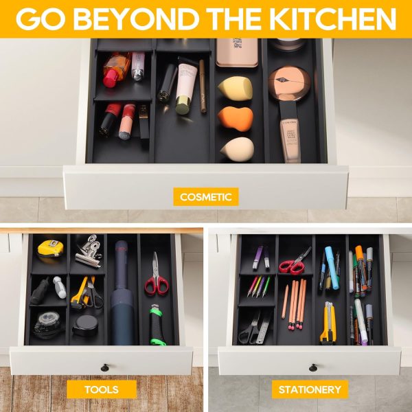 Bamboo Silverware Drawer Organizer, Removable Dividers Kitchen Utensil Drawer Organizer for Different Dimension Flatware, Spoons, Forks, Knives (Black, 5 Slots) - Image 14