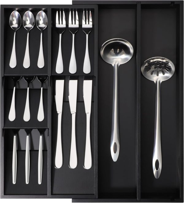 Bamboo Silverware Drawer Organizer, Removable Dividers Kitchen Utensil Drawer Organizer for Different Dimension Flatware, Spoons, Forks, Knives (Black, 5 Slots) - Image 15