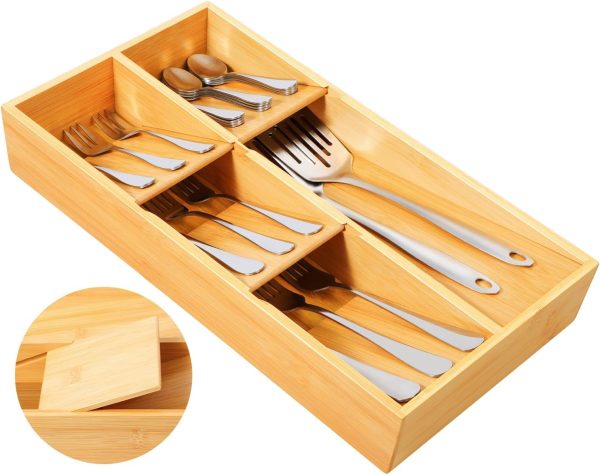 Bamboo Silverware Drawer Organizer, Removable Dividers Kitchen Utensil Drawer Organizer for Different Dimension Flatware, Spoons, Forks, Knives (Black, 5 Slots) - Image 16