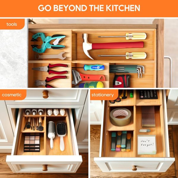 Bamboo Silverware Drawer Organizer, Removable Dividers Kitchen Utensil Drawer Organizer for Different Dimension Flatware, Spoons, Forks, Knives (Black, 5 Slots) - Image 20