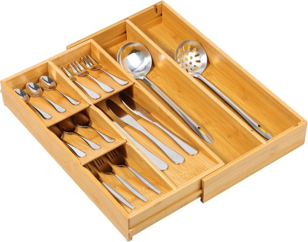 Bamboo Silverware Drawer Organizer, Removable Dividers Kitchen Utensil Drawer Organizer for Different Dimension Flatware, Spoons, Forks, Knives (Black, 5 Slots) - Image 23