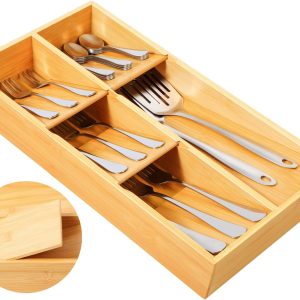 Bamboo Silverware Drawer Organizer, Removable Dividers Kitchen Utensil Drawer Organizer for Different Dimension Flatware, Spoons, Forks, Knives (Natural, 5 Slots)