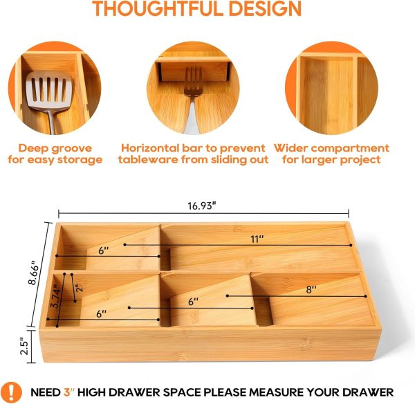 Bamboo Silverware Drawer Organizer, Removable Dividers Kitchen Utensil Drawer Organizer for Different Dimension Flatware, Spoons, Forks, Knives (Natural, 5 Slots) - Image 2