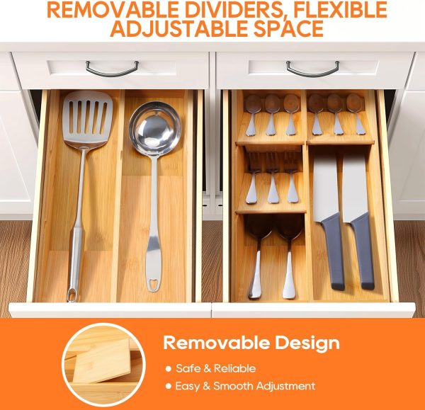 Bamboo Silverware Drawer Organizer, Removable Dividers Kitchen Utensil Drawer Organizer for Different Dimension Flatware, Spoons, Forks, Knives (Natural, 5 Slots) - Image 4