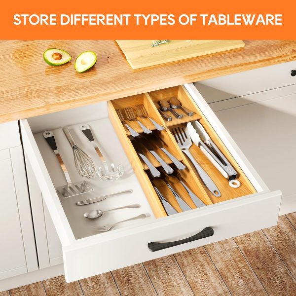 Bamboo Silverware Drawer Organizer, Removable Dividers Kitchen Utensil Drawer Organizer for Different Dimension Flatware, Spoons, Forks, Knives (Natural, 5 Slots) - Image 6
