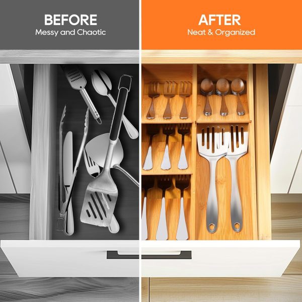 Bamboo Silverware Drawer Organizer, Removable Dividers Kitchen Utensil Drawer Organizer for Different Dimension Flatware, Spoons, Forks, Knives (Natural, 5 Slots) - Image 7