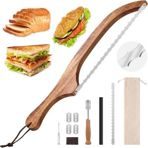 Bread Knife Set, Acacia Wood(15.7") - Double Serrated Bread Knife for Homemade Bagels, Baguettes and More - Sourdough Bread Slicer, Cuts Thin, Even Slices - Premium Stainless Steel