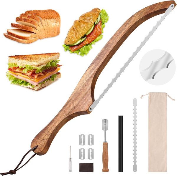 Bread Knife Set, Acacia Wood(15.7") - Double Serrated Bread Knife for Homemade Bagels, Baguettes and More - Sourdough Bread Slicer, Cuts Thin, Even Slices - Premium Stainless Steel