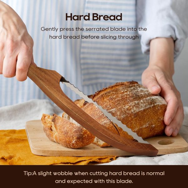 Bread Knife Set, Acacia Wood(15.7") - Double Serrated Bread Knife for Homemade Bagels, Baguettes and More - Sourdough Bread Slicer, Cuts Thin, Even Slices - Premium Stainless Steel - Image 6