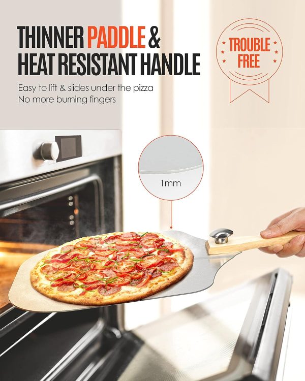 Pizza Peel Aluminum Pizza Spatula, Mooues 12 inch Metal Pizza Paddle(12"x 14")with Rocker Cutter Foldable Wood Handle, [Storage bag included], for Family Pizza Oven Baking Pizza, Dough, Bread & Pastry - Image 2
