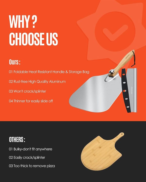 Pizza Peel Aluminum Pizza Spatula, Mooues 12 inch Metal Pizza Paddle(12"x 14")with Rocker Cutter Foldable Wood Handle, [Storage bag included], for Family Pizza Oven Baking Pizza, Dough, Bread & Pastry - Image 6