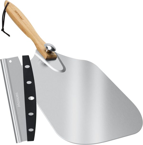 Pizza Peel Aluminum Pizza Spatula, Mooues 12 inch Metal Pizza Paddle(12"x 14")with Rocker Cutter Foldable Wood Handle, [Storage bag included], for Family Pizza Oven Baking Pizza, Dough, Bread & Pastry - Image 8
