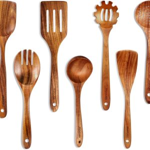 Wooden Spoons for Cooking, 7 Pcs Wooden Utensils for Cooking Natural Teak Wooden Kitchen Utensils Set