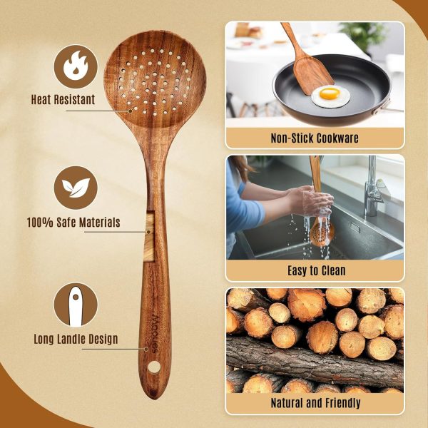Wooden Spoons for Cooking, 7 Pcs Wooden Utensils for Cooking Natural Teak Wooden Kitchen Utensils Set - Image 2