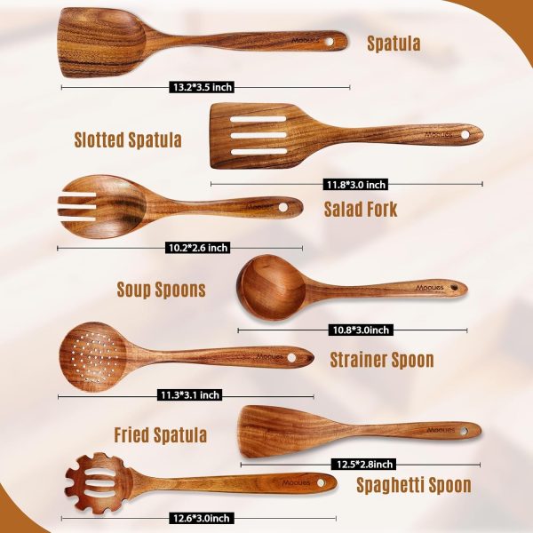 Wooden Spoons for Cooking, 7 Pcs Wooden Utensils for Cooking Natural Teak Wooden Kitchen Utensils Set - Image 6