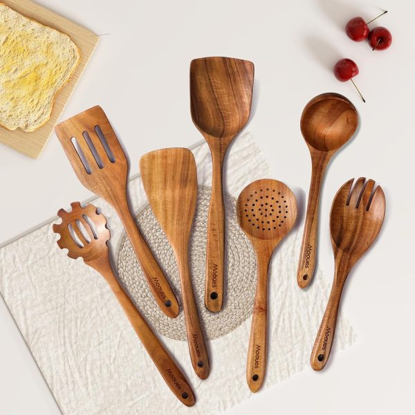 Wooden Spoons for Cooking, 7 Pcs Wooden Utensils for Cooking Natural Teak Wooden Kitchen Utensils Set - Image 7