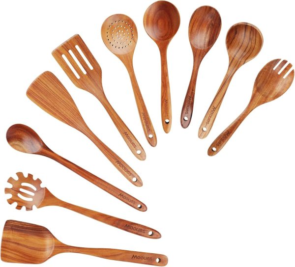 Wooden Spoons for Cooking, 7 Pcs Wooden Utensils for Cooking Natural Teak Wooden Kitchen Utensils Set - Image 8