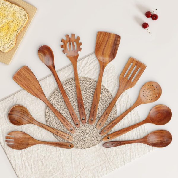 Wooden Spoons for Cooking, 7 Pcs Wooden Utensils for Cooking Natural Teak Wooden Kitchen Utensils Set - Image 11
