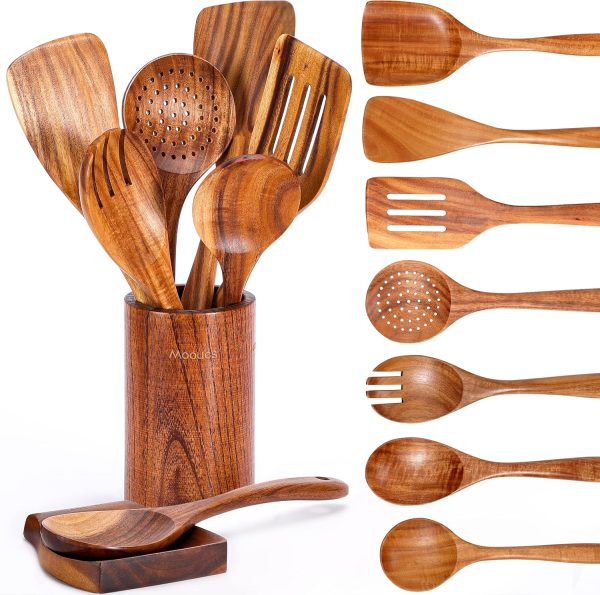 Wooden Spoons for Cooking, 7 Pcs Wooden Utensils for Cooking Natural Teak Wooden Kitchen Utensils Set - Image 13