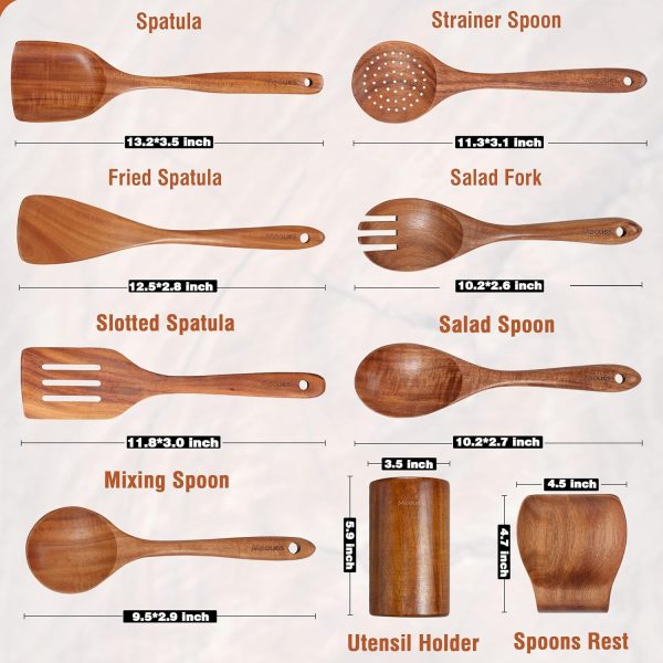 Wooden Spoons for Cooking, 7 Pcs Wooden Utensils for Cooking Natural Teak Wooden Kitchen Utensils Set - Image 14