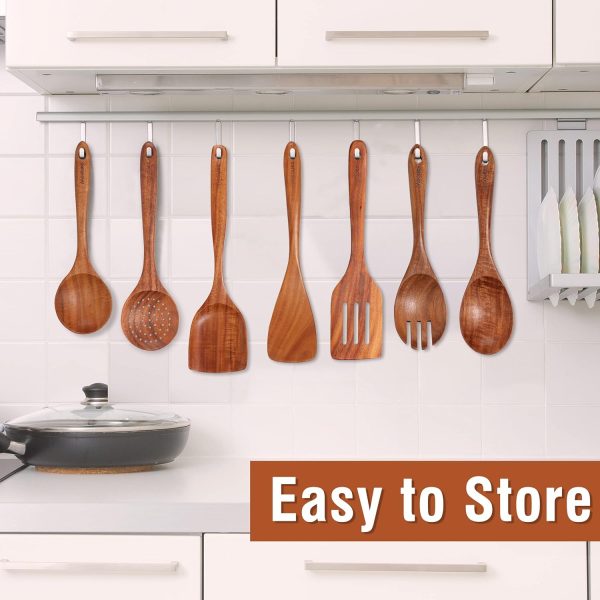 Wooden Spoons for Cooking, 7 Pcs Wooden Utensils for Cooking Natural Teak Wooden Kitchen Utensils Set - Image 16