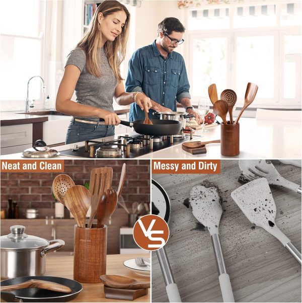 Wooden Spoons for Cooking, 7 Pcs Wooden Utensils for Cooking Natural Teak Wooden Kitchen Utensils Set - Image 17