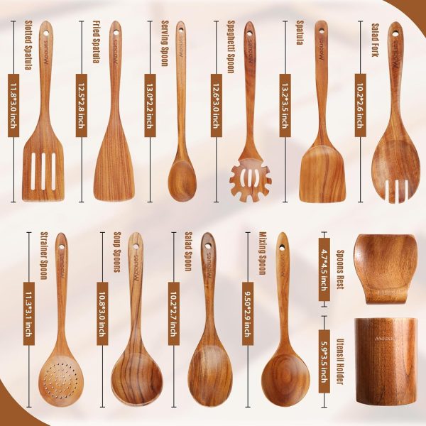 Wooden Spoons for Cooking, 7 Pcs Wooden Utensils for Cooking Natural Teak Wooden Kitchen Utensils Set - Image 21