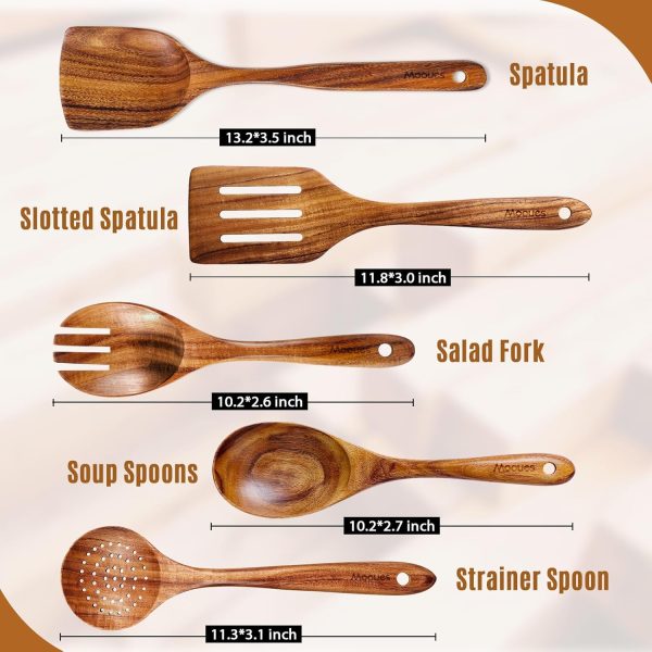 Wooden Spoons for Cooking, 7 Pcs Wooden Utensils for Cooking Natural Teak Wooden Kitchen Utensils Set - Image 24