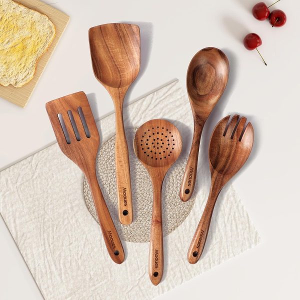 Wooden Spoons for Cooking, 7 Pcs Wooden Utensils for Cooking Natural Teak Wooden Kitchen Utensils Set - Image 25
