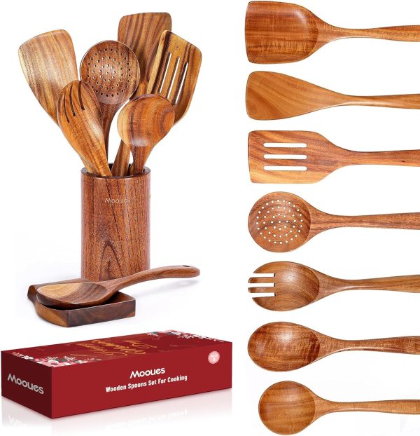 9 Piece Wooden Spoons for Cooking, Teak Wooden Kitchen Utensils Set with Spoon Rest, NonStick Comfort Grip Wooden Spatula Set and Cooking Utensils Holder