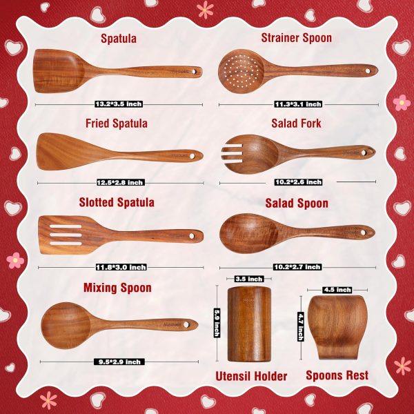 9 Piece Wooden Spoons for Cooking, Teak Wooden Kitchen Utensils Set with Spoon Rest, NonStick Comfort Grip Wooden Spatula Set and Cooking Utensils Holder - Image 2