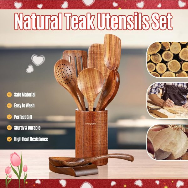9 Piece Wooden Spoons for Cooking, Teak Wooden Kitchen Utensils Set with Spoon Rest, NonStick Comfort Grip Wooden Spatula Set and Cooking Utensils Holder - Image 3