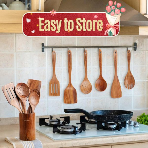 9 Piece Wooden Spoons for Cooking, Teak Wooden Kitchen Utensils Set with Spoon Rest, NonStick Comfort Grip Wooden Spatula Set and Cooking Utensils Holder - Image 4