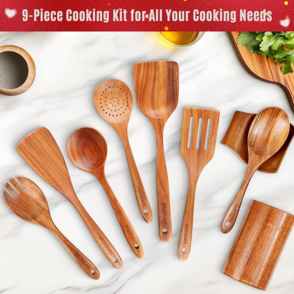 9 Piece Wooden Spoons for Cooking, Teak Wooden Kitchen Utensils Set with Spoon Rest, NonStick Comfort Grip Wooden Spatula Set and Cooking Utensils Holder - Image 8