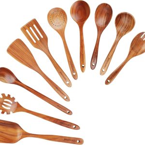 Wooden Spoons for Cooking, Wooden Utensils for Cooking Natural Teak Wooden Kitchen Utensils Set Comfort Grip (10 PCS SET)