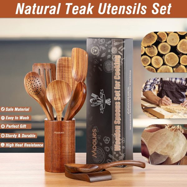 Wooden Spoons for Cooking, Wooden Utensils for Cooking Natural Teak Wooden Kitchen Utensils Set Comfort Grip (10 PCS SET) - Image 10
