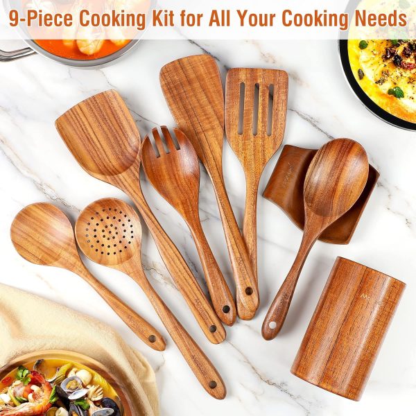 Wooden Spoons for Cooking, Wooden Utensils for Cooking Natural Teak Wooden Kitchen Utensils Set Comfort Grip (10 PCS SET) - Image 13