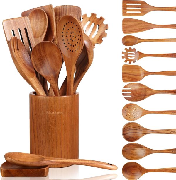 Wooden Spoons for Cooking, Wooden Utensils for Cooking Natural Teak Wooden Kitchen Utensils Set Comfort Grip (10 PCS SET) - Image 15