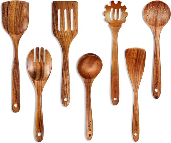 Wooden Spoons for Cooking, Wooden Utensils for Cooking Natural Teak Wooden Kitchen Utensils Set Comfort Grip (10 PCS SET) - Image 18