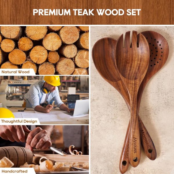 Wooden Spoons for Cooking, 10PCS Teak Wood Cookware Utensil Set with Hooks - Smooth Finish, Non-Stick, Comfortable Grip, Heat Resistant Kitchen Utensils - Image 2