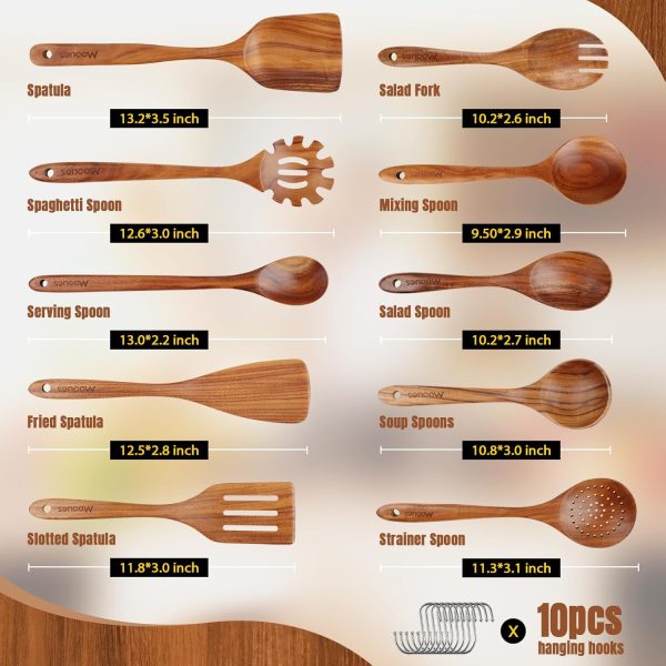Wooden Spoons for Cooking, 10PCS Teak Wood Cookware Utensil Set with Hooks - Smooth Finish, Non-Stick, Comfortable Grip, Heat Resistant Kitchen Utensils - Image 3
