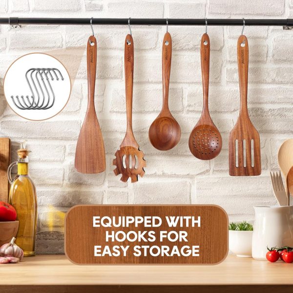 Wooden Spoons for Cooking, 10PCS Teak Wood Cookware Utensil Set with Hooks - Smooth Finish, Non-Stick, Comfortable Grip, Heat Resistant Kitchen Utensils - Image 5