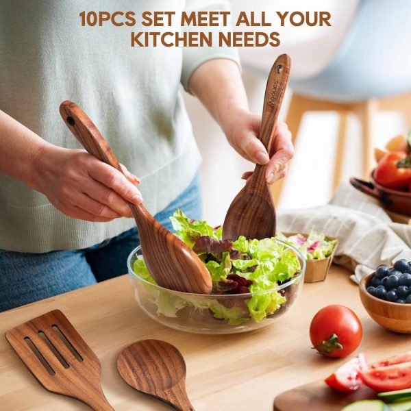Wooden Spoons for Cooking, 10PCS Teak Wood Cookware Utensil Set with Hooks - Smooth Finish, Non-Stick, Comfortable Grip, Heat Resistant Kitchen Utensils - Image 7
