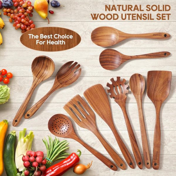 Wooden Spoons for Cooking, 10PCS Teak Wood Cookware Utensil Set with Hooks - Smooth Finish, Non-Stick, Comfortable Grip, Heat Resistant Kitchen Utensils - Image 8