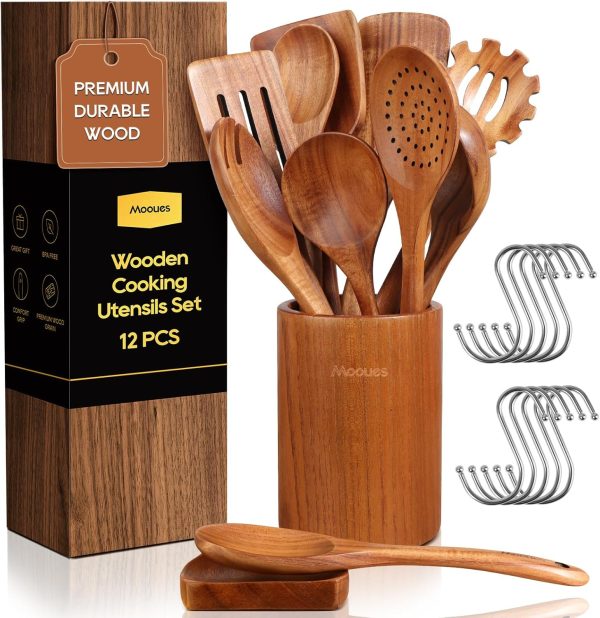 Wooden Spoons for Cooking, 10PCS Teak Wood Cookware Utensil Set with Hooks - Smooth Finish, Non-Stick, Comfortable Grip, Heat Resistant Kitchen Utensils - Image 9